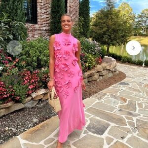 NWT Floral Appliqué High Neck Maxi Pink Dress